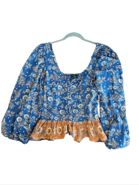 House of Harlow 1960 Tops - Boho Floral Ruffle Women’s Top - Blue & Orange-Size Medium-NWOT